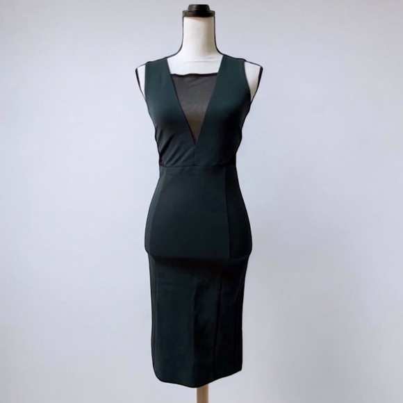NWT French Connection Lula Mesh V Insert Fitted Dress Pine Forest Green Size 4 - Picture 2 of 10